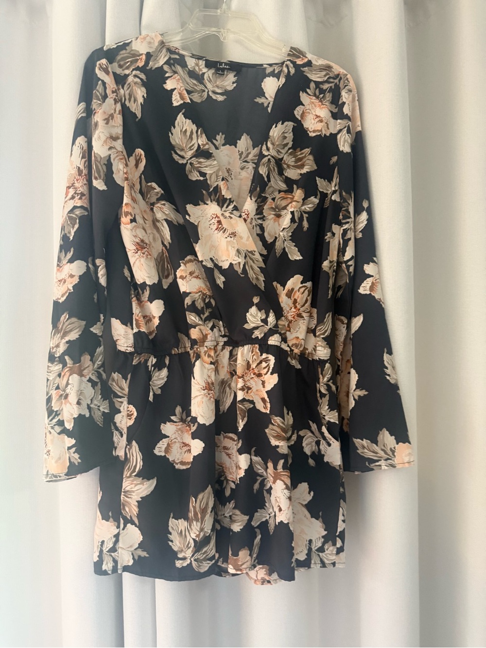Lulu's Black Floral Wrap Dress with Cream & Peach Blooms